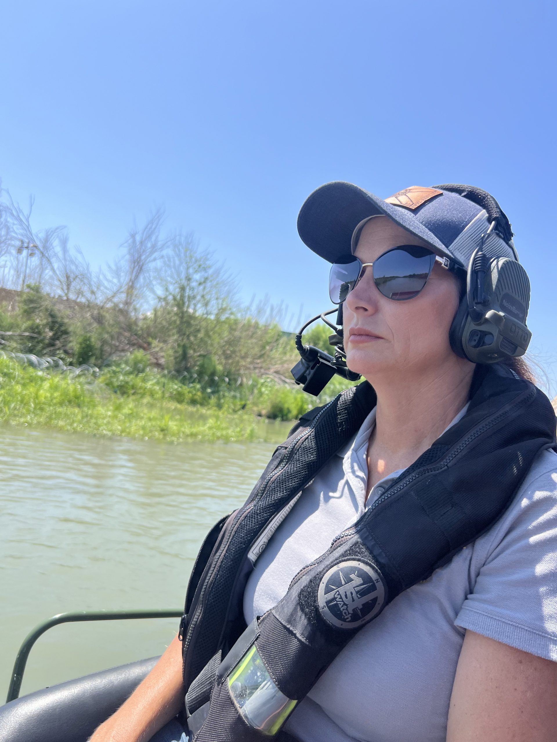 Michelle Salzman aboard a patrol airboat at the southern border, seeing the crisis firsthand.