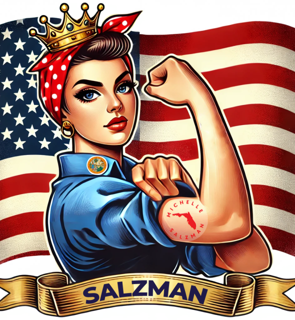 The Salzman campaign emblem — a Rosie-the-Riveter figure against the American flag.